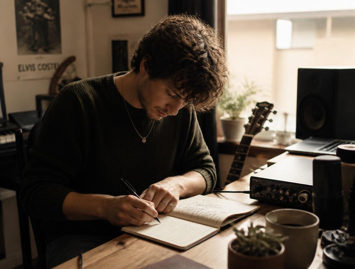 An independent musician writing in a notebook in a home studio