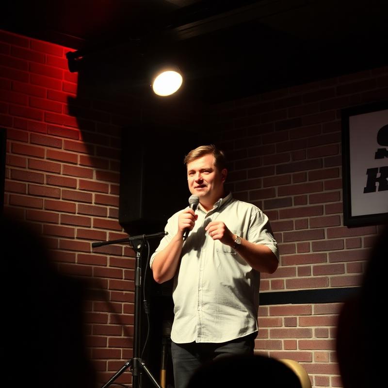 A stand-up comedian under a spotlight at a club