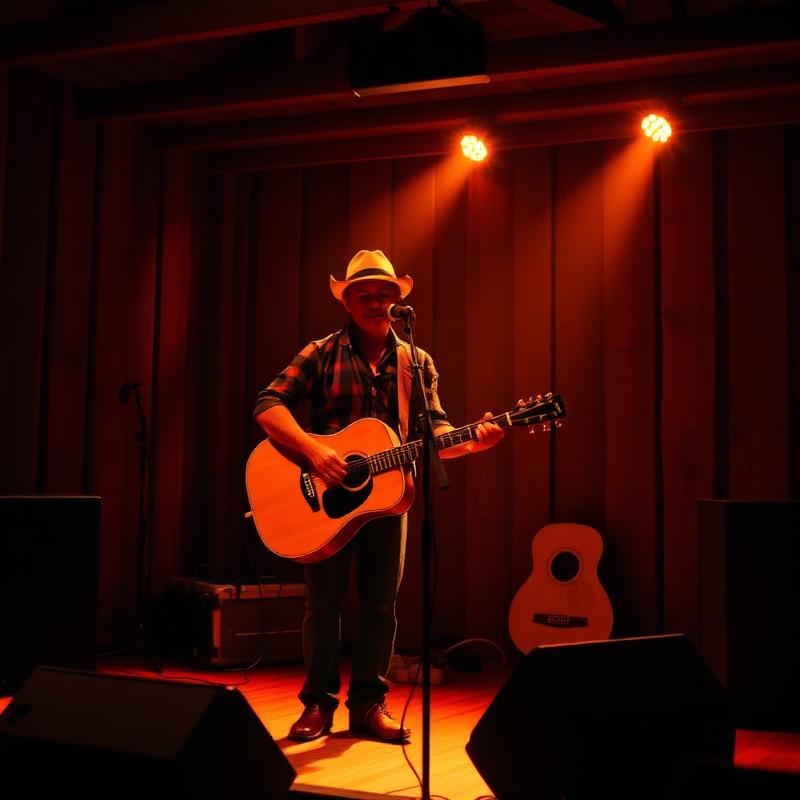 A country singer with an acoustic guitar on a small stage