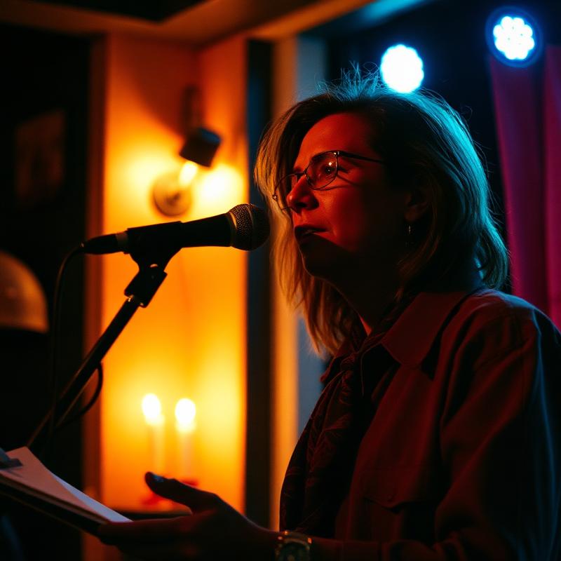 A spoken-word performer at a candlelit venue