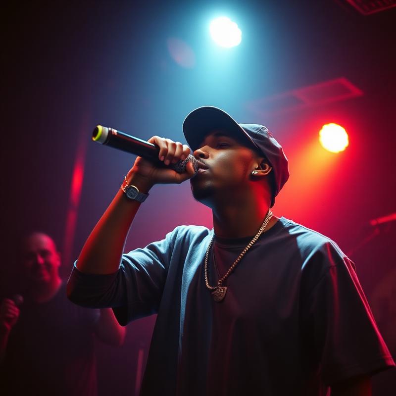 A rapper performing with a microphone at a club