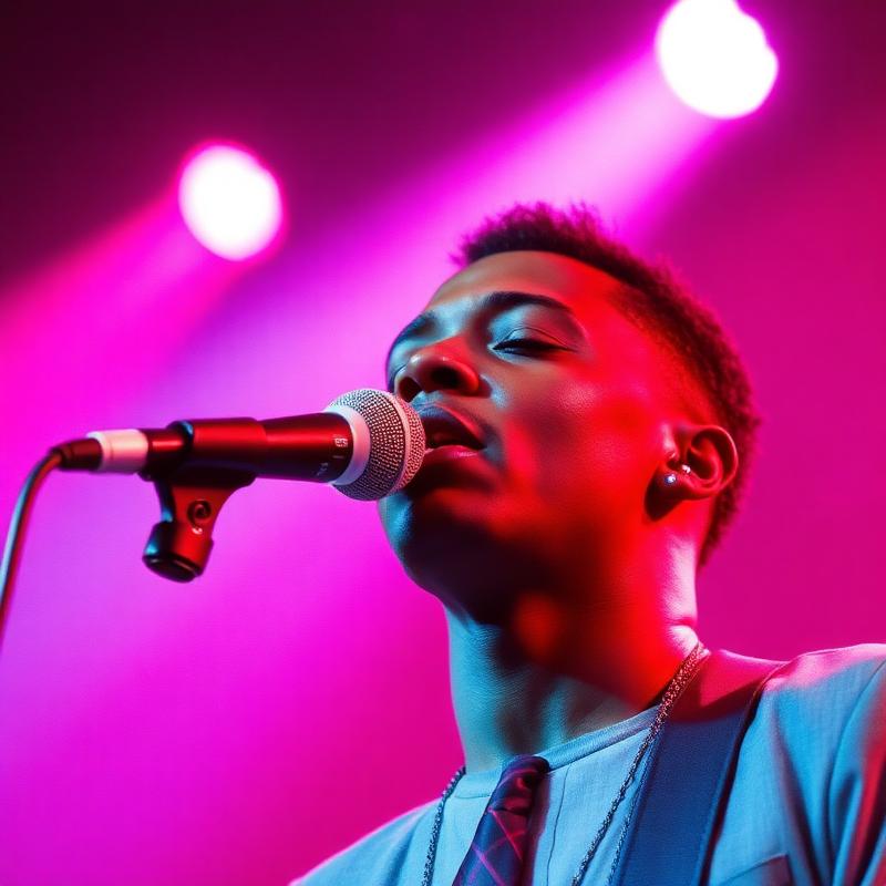 A singer mid-note under coloured stage lights