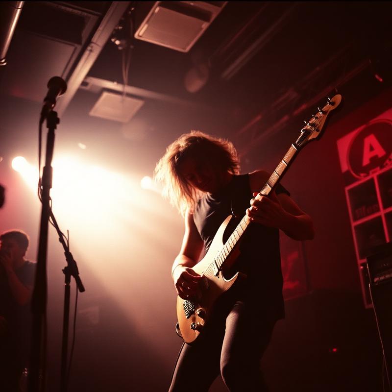 A guitarist performing at a small rock venue